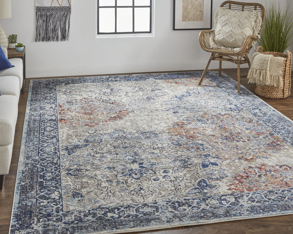 Homeroots 5' X 8' Blue Ivory And Red Floral Power Loom Distressed Stain Resistant Area Rug  Polypropylene 513811