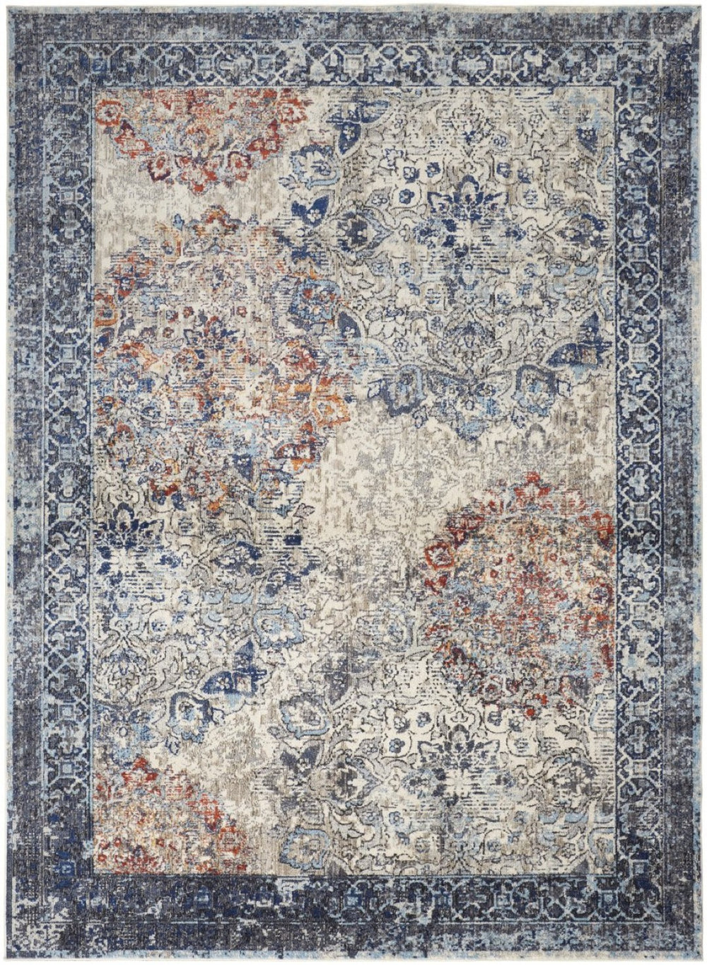 HomeRoots 7' Elegant Blue and Ivory Floral Power Loom Area Rug - Distressed, Non-Skid, Stain-Resistant Design 7' X 10' 513812