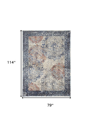 Homeroots 7' X 10' Blue And Ivory Floral Power Loom Distressed Non Skid Area Rug  Polypropylene 513812