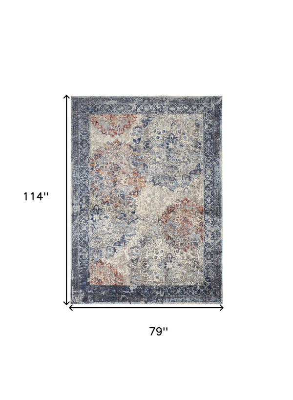 Homeroots 7' X 10' Blue And Ivory Floral Power Loom Distressed Non Skid Area Rug  Polypropylene 513812