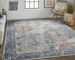 Homeroots 7' X 10' Blue And Ivory Floral Power Loom Distressed Non Skid Area Rug  Polypropylene 513812