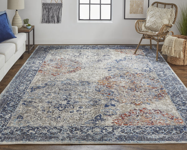 Homeroots 8' X 11' Blue Ivory And Red Floral Power Loom Distressed Stain Resistant Area Rug  Polypropylene 513813