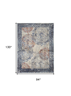 Homeroots 8' X 11' Blue Ivory And Red Floral Power Loom Distressed Stain Resistant Area Rug  Polypropylene 513813