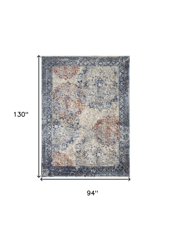 Homeroots 8' X 11' Blue Ivory And Red Floral Power Loom Distressed Stain Resistant Area Rug  Polypropylene 513813