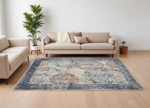 Homeroots 8' X 11' Blue Ivory And Red Floral Power Loom Distressed Stain Resistant Area Rug  Polypropylene 513813