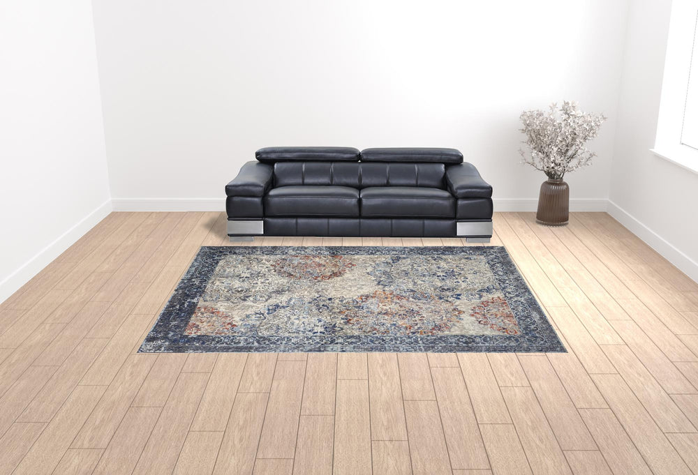 Homeroots 9' X 12' Blue Ivory And Red Floral Power Loom Distressed Stain Resistant Area Rug  Polypropylene 513814