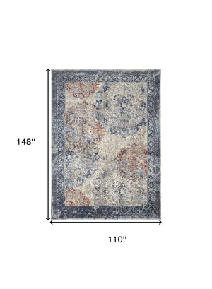 Homeroots 9' X 12' Blue Ivory And Red Floral Power Loom Distressed Stain Resistant Area Rug  Polypropylene 513814