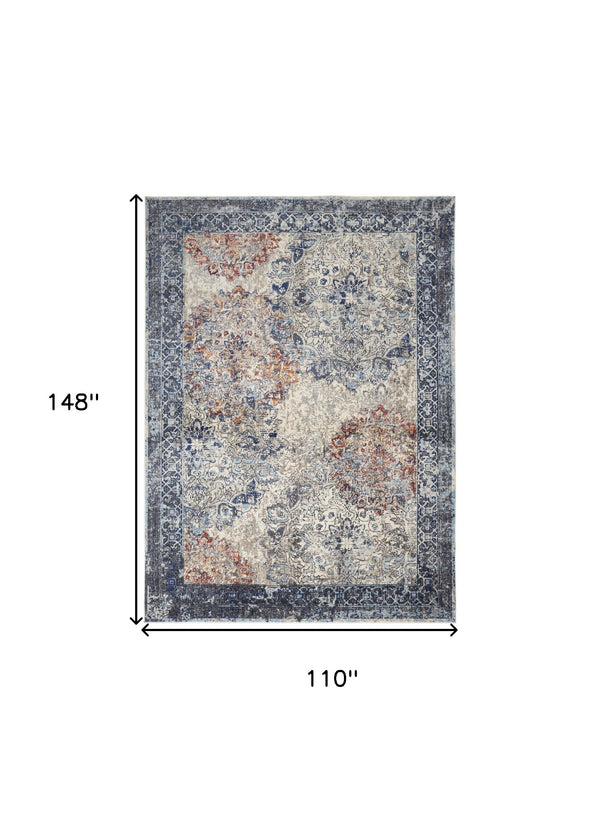 Homeroots 9' X 12' Blue Ivory And Red Floral Power Loom Distressed Stain Resistant Area Rug  Polypropylene 513814