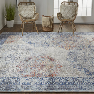 Homeroots 9' X 12' Blue Ivory And Red Floral Power Loom Distressed Stain Resistant Area Rug  Polypropylene 513814