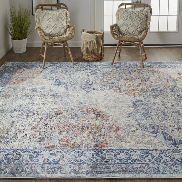 Homeroots 9' X 12' Blue Ivory And Red Floral Power Loom Distressed Stain Resistant Area Rug  Polypropylene 513814