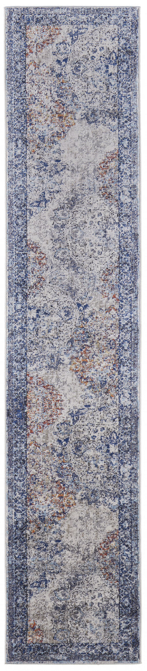 Homeroots 8' Blue Ivory And Red Floral Power Loom Distressed Stain Resistant Runner Rug  Polypropylene 513815