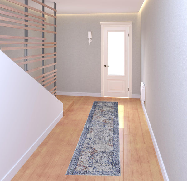 Homeroots 8' Blue Ivory And Red Floral Power Loom Distressed Stain Resistant Runner Rug  Polypropylene 513815