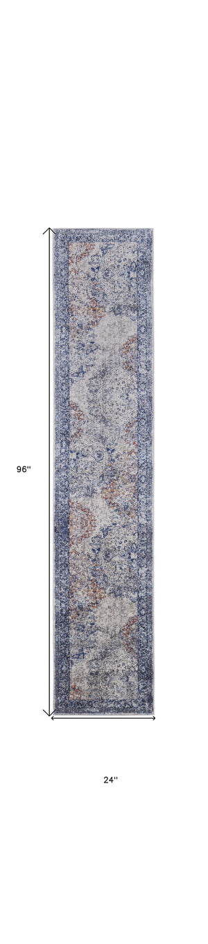 Homeroots 8' Blue Ivory And Red Floral Power Loom Distressed Stain Resistant Runner Rug  Polypropylene 513815