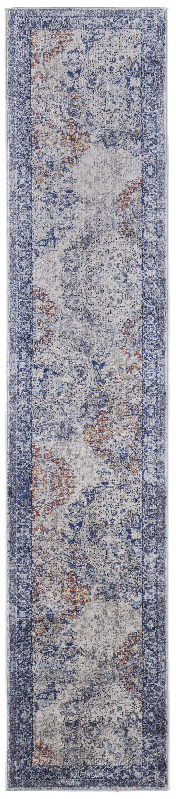 Homeroots 10' Blue Ivory And Red Floral Power Loom Distressed Stain Resistant Runner Rug  Polypropylene 513816