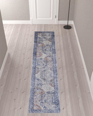 Homeroots 10' Blue Ivory And Red Floral Power Loom Distressed Stain Resistant Runner Rug  Polypropylene 513816