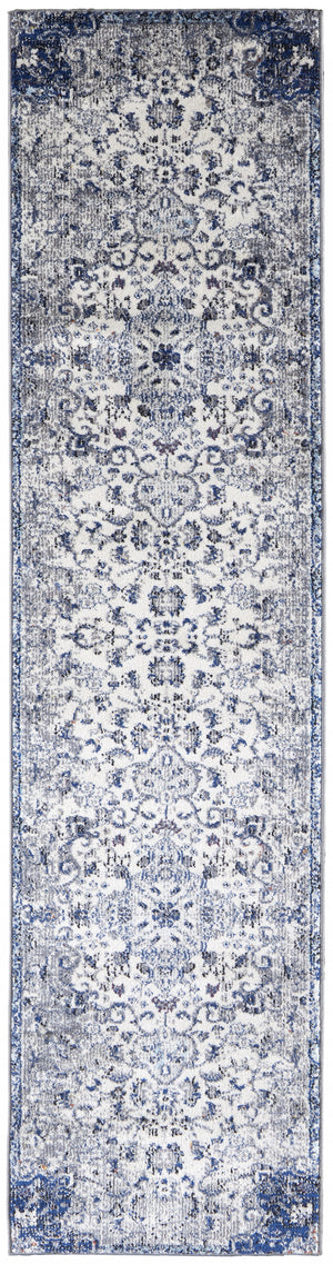 Homeroots 10' Ivory Gray And Blue Floral Power Loom Distressed Stain Resistant Runner Rug  Polypropylene 513823