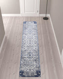 Homeroots 10' Ivory Gray And Blue Floral Power Loom Distressed Stain Resistant Runner Rug  Polypropylene 513823