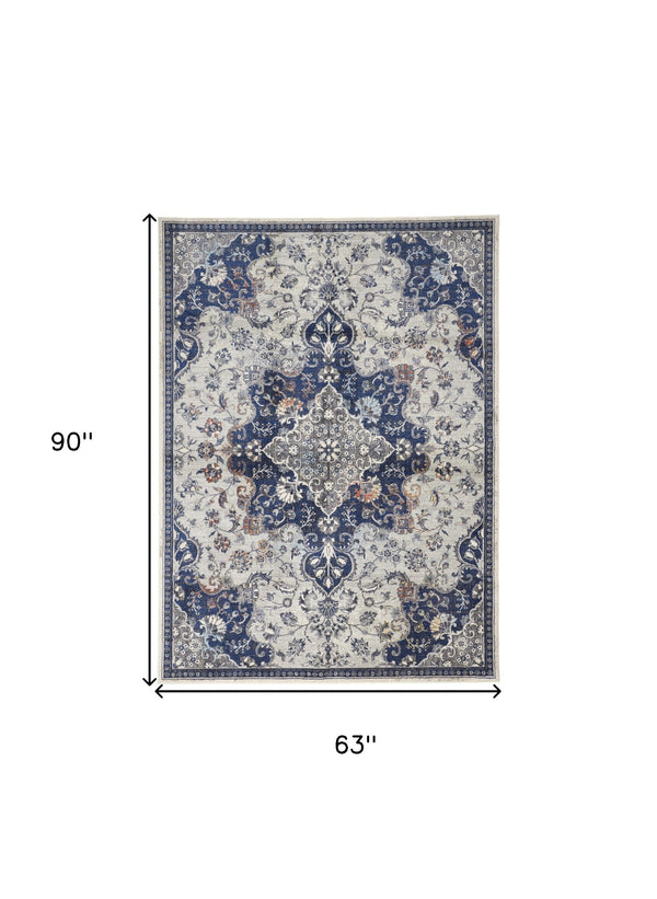 Homeroots 5' X 8' Gray Ivory And Blue Floral Power Loom Distressed Stain Resistant Area Rug  Polypropylene 513825