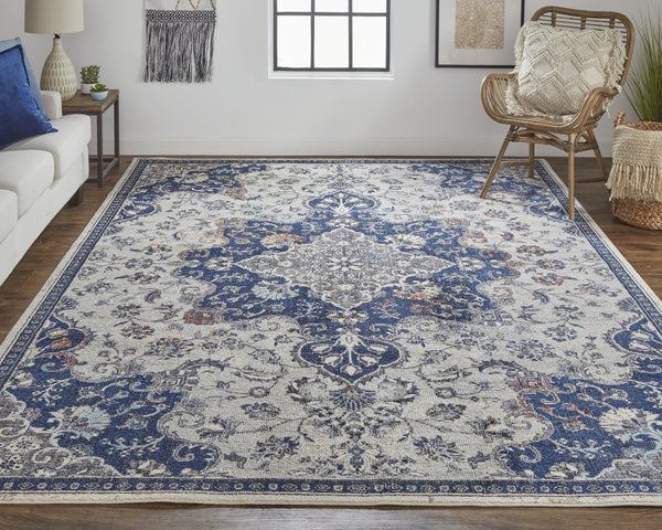 Homeroots 5' X 8' Gray Ivory And Blue Floral Power Loom Distressed Stain Resistant Area Rug  Polypropylene 513825