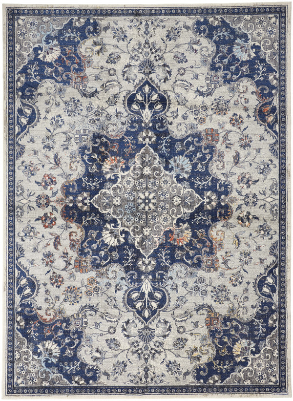Homeroots 8' X 11' Blue And Ivory Floral Power Loom Distressed Non Skid Area Rug  Polypropylene 513827
