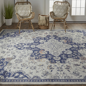 Homeroots 8' X 11' Blue And Ivory Floral Power Loom Distressed Non Skid Area Rug  Polypropylene 513827