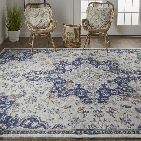 Homeroots 8' X 11' Blue And Ivory Floral Power Loom Distressed Non Skid Area Rug  Polypropylene 513827