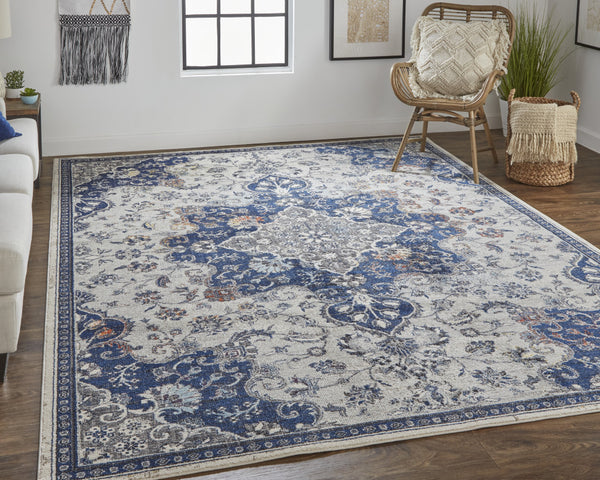 Homeroots 9' X 12' Gray Ivory And Blue Floral Power Loom Distressed Stain Resistant Area Rug  Polypropylene 513828