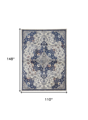 Homeroots 9' X 12' Gray Ivory And Blue Floral Power Loom Distressed Stain Resistant Area Rug  Polypropylene 513828