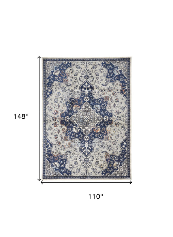 Homeroots 9' X 12' Gray Ivory And Blue Floral Power Loom Distressed Stain Resistant Area Rug  Polypropylene 513828