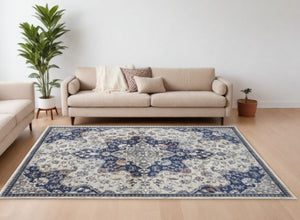Homeroots 9' X 12' Gray Ivory And Blue Floral Power Loom Distressed Stain Resistant Area Rug  Polypropylene 513828