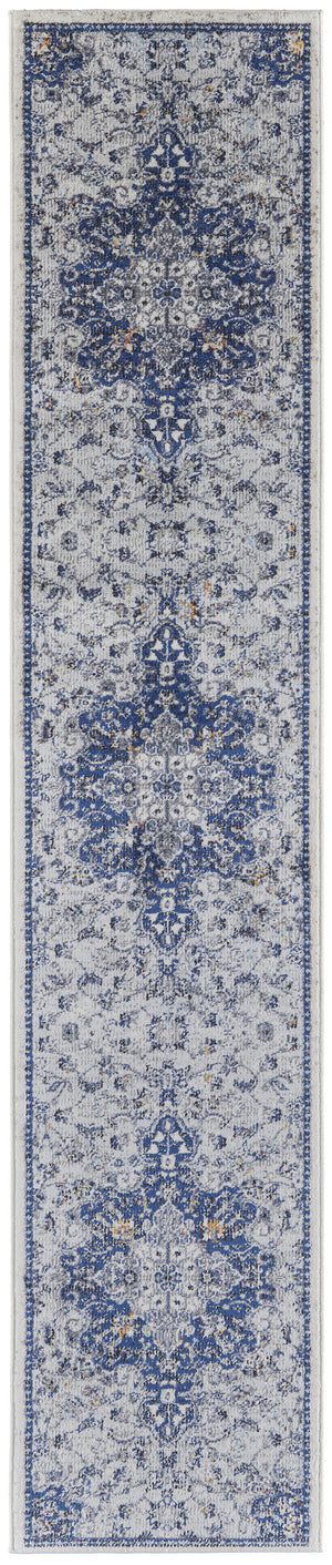 Homeroots 8' Gray Ivory And Blue Floral Power Loom Distressed Stain Resistant Runner Rug  Polypropylene 513829
