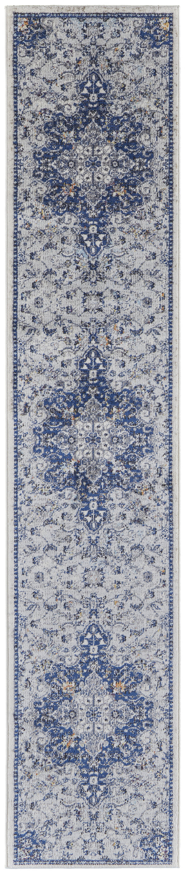 Homeroots 8' Gray Ivory And Blue Floral Power Loom Distressed Stain Resistant Runner Rug  Polypropylene 513829