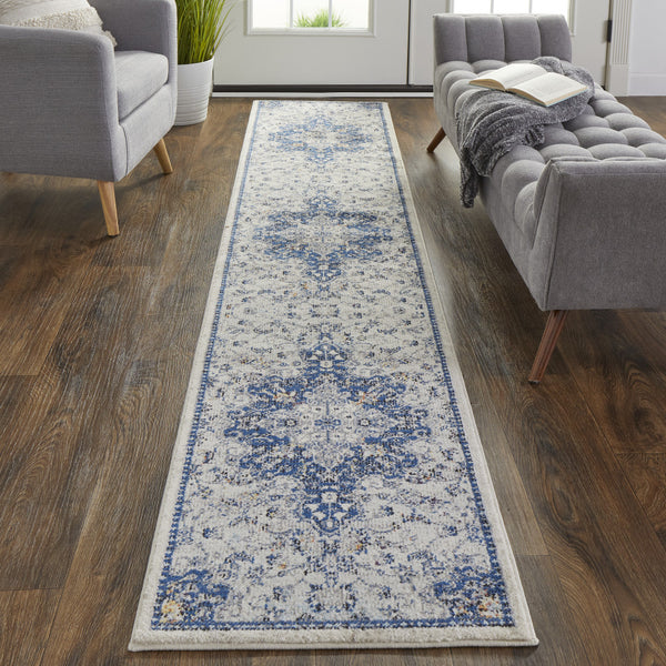 Homeroots 8' Gray Ivory And Blue Floral Power Loom Distressed Stain Resistant Runner Rug  Polypropylene 513829