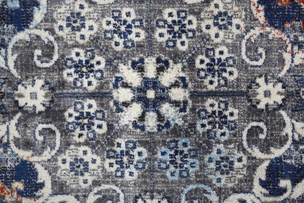 Homeroots 8' Gray Ivory And Blue Floral Power Loom Distressed Stain Resistant Runner Rug  Polypropylene 513829