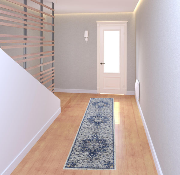 Homeroots 8' Gray Ivory And Blue Floral Power Loom Distressed Stain Resistant Runner Rug  Polypropylene 513829