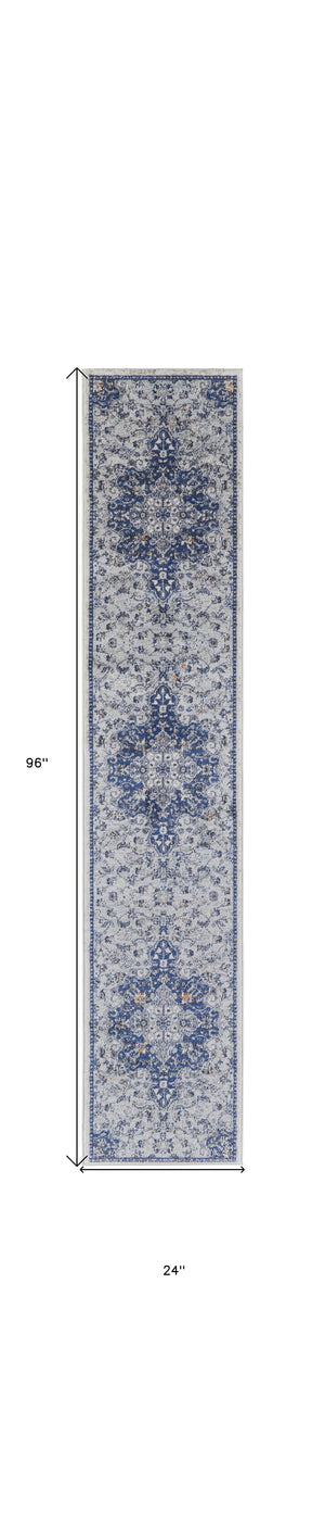 Homeroots 8' Gray Ivory And Blue Floral Power Loom Distressed Stain Resistant Runner Rug  Polypropylene 513829