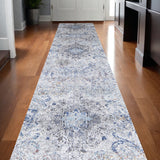 Homeroots 10' Ivory Taupe And Blue Floral Power Loom Distressed Stain Resistant Runner Rug  Polypropylene 513837