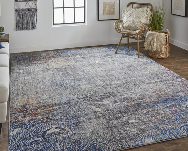Homeroots 5' X 8' Taupe Blue And Ivory Abstract Power Loom Distressed Stain Resistant Area Rug  Polypropylene 513839