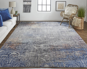 Homeroots 9' X 12' Taupe Blue And Ivory Abstract Power Loom Distressed Stain Resistant Area Rug  Polypropylene 513842