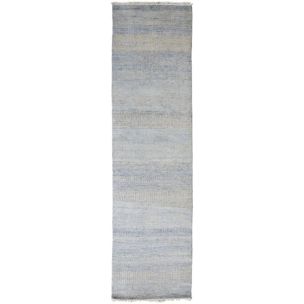 HomeRoots 8' Hand-Knotted Wool Area Rug in Blue and Silver Stripes - Durable, Artisan Craftsmanship for Any Room 10' Runner 513848