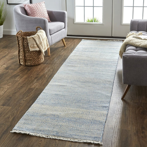 HomeRoots 8' Hand-Knotted Wool Area Rug in Blue and Silver Stripes - Durable, Artisan Craftsmanship for Any Room 10' Runner 513848
