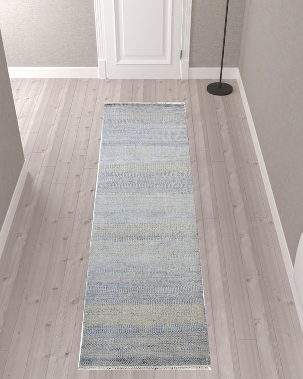 HomeRoots 8' Hand-Knotted Wool Area Rug in Blue and Silver Stripes - Durable, Artisan Craftsmanship for Any Room 10' Runner 513848