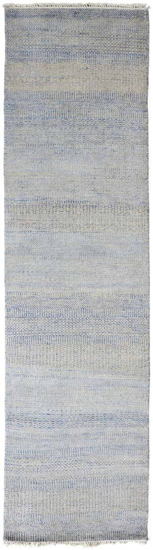 HomeRoots 8' Hand-Knotted Wool Area Rug in Blue and Silver Stripes - Durable, Artisan Craftsmanship for Any Room 12' Runner 513849