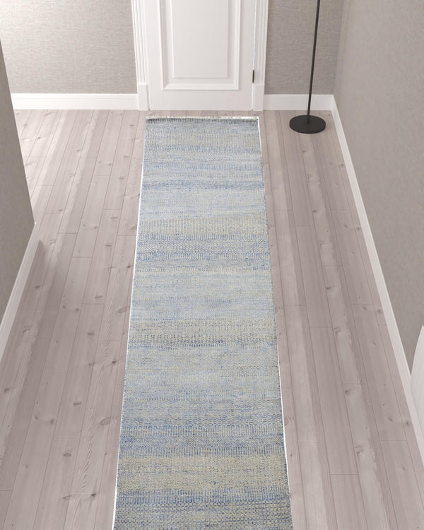 HomeRoots 8' Hand-Knotted Wool Area Rug in Blue and Silver Stripes - Durable, Artisan Craftsmanship for Any Room 12' Runner 513849
