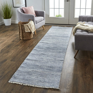 HomeRoots 8' Hand-Knotted Wool Area Rug in Striking Blue and Gray Stripes – Timeless Elegance for Any Room 10' Runner 513854