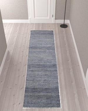 HomeRoots 8' Hand-Knotted Wool Area Rug in Striking Blue and Gray Stripes – Timeless Elegance for Any Room 10' Runner 513854