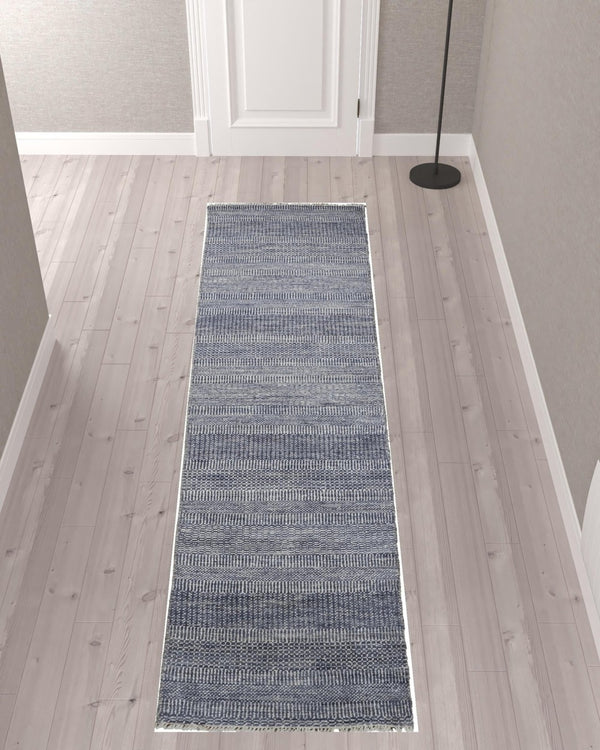 HomeRoots 8' Hand-Knotted Wool Area Rug in Striking Blue and Gray Stripes – Timeless Elegance for Any Room 10' Runner 513854