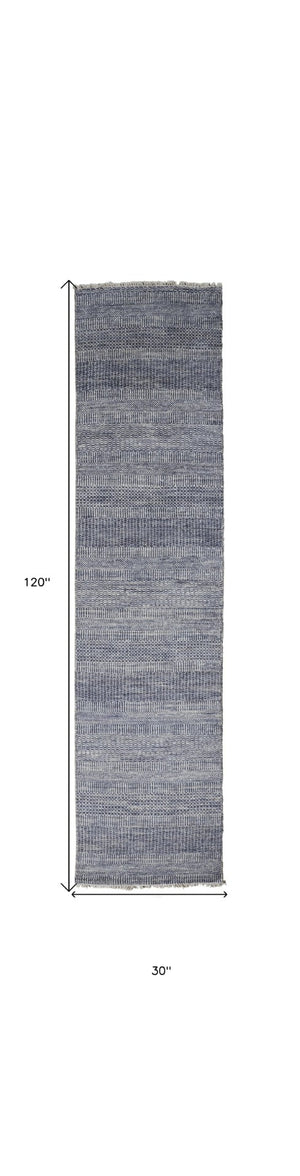 HomeRoots 8' Hand-Knotted Wool Area Rug in Striking Blue and Gray Stripes – Timeless Elegance for Any Room 10' Runner 513854