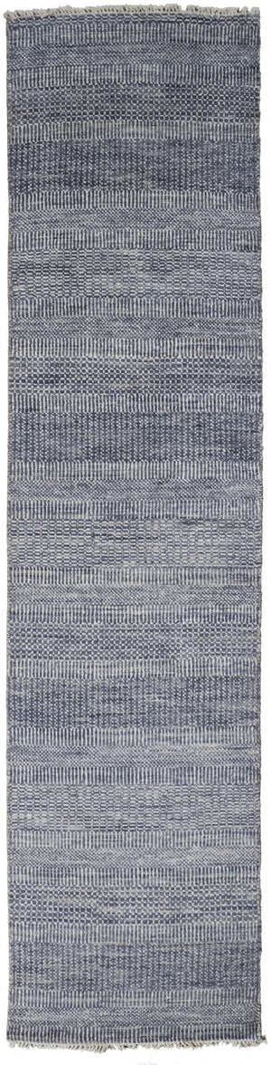 HomeRoots 8' Hand-Knotted Wool Area Rug in Striking Blue and Gray Stripes – Timeless Elegance for Any Room 12' Runner 513855