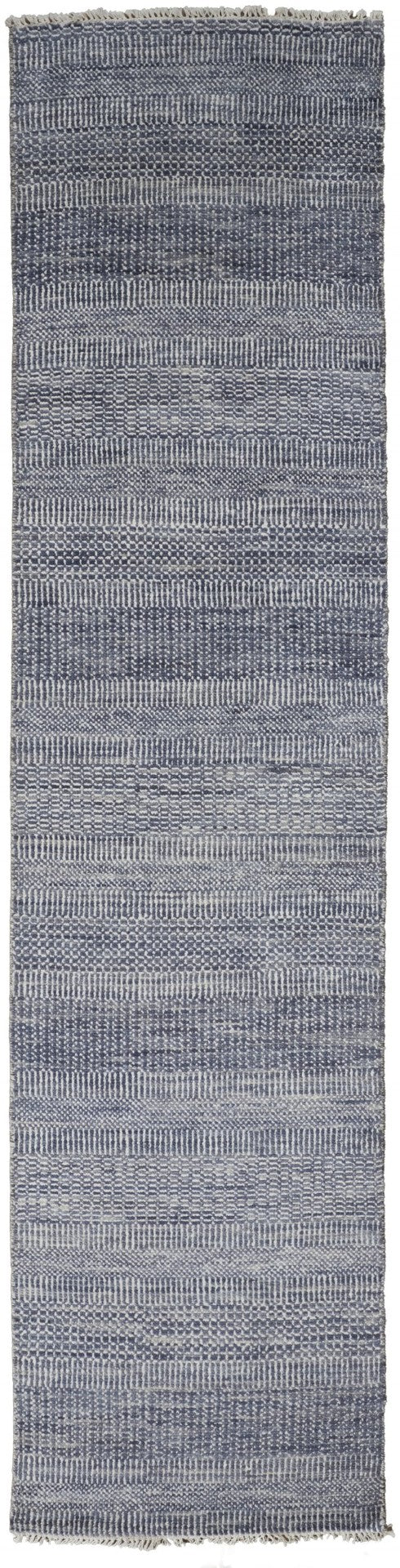 HomeRoots 8' Hand-Knotted Wool Area Rug in Striking Blue and Gray Stripes – Timeless Elegance for Any Room 12' Runner 513855